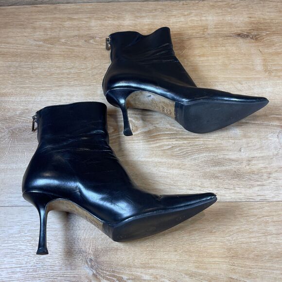 Jimmy Choo Black Pointy Toe Leather Bootie Boots Size 37.5 US 7.5 W Box - Picture 4 of 13
